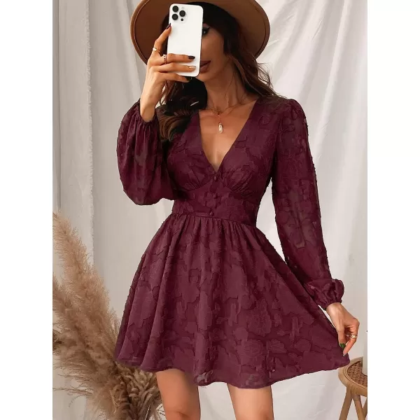imageCUPSHE Womens Lace Mini Dress Long Sleeve Floral Print A Line Dress for Party Bodycon DressBurgundy