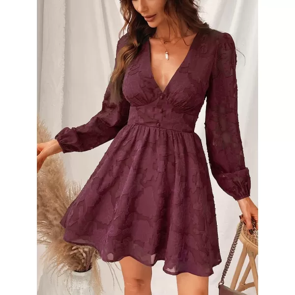 imageCUPSHE Womens Lace Mini Dress Long Sleeve Floral Print A Line Dress for Party Bodycon DressBurgundy