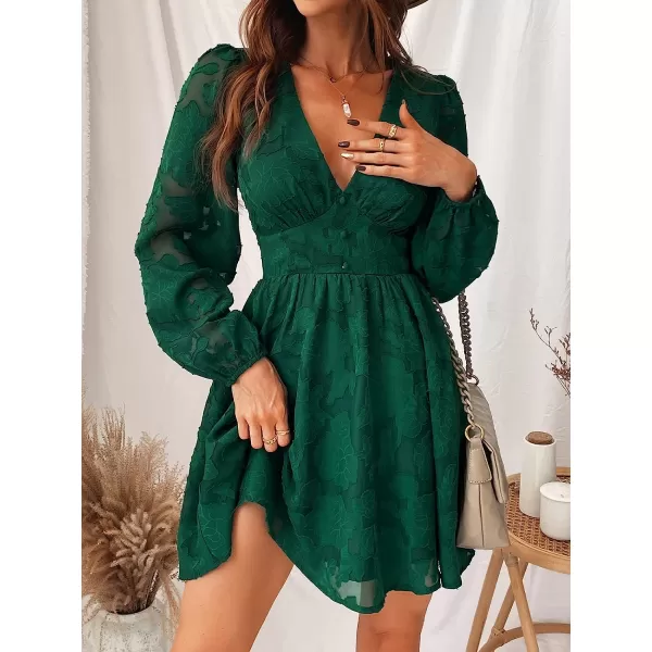 imageCUPSHE Womens Lace Mini Dress Long Sleeve Floral Print A Line Dress for Party Bodycon DressGreen
