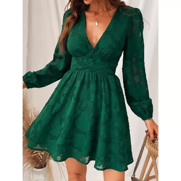 imageCUPSHE Womens Lace Mini Dress Long Sleeve Floral Print A Line Dress for Party Bodycon DressGreen