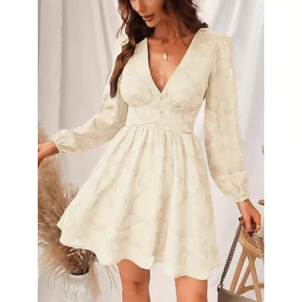 imageCUPSHE Womens Lace Mini Dress Long Sleeve Floral Print A Line Dress for Party Bodycon DressIvory