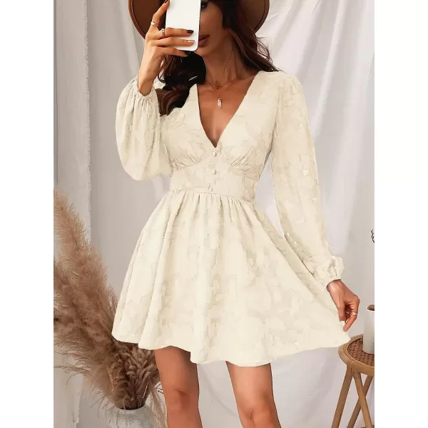 imageCUPSHE Womens Lace Mini Dress Long Sleeve Floral Print A Line Dress for Party Bodycon DressIvory