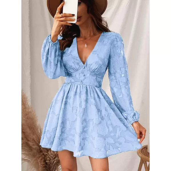 imageCUPSHE Womens Lace Mini Dress Long Sleeve Floral Print A Line Dress for Party Bodycon DressLight Blue