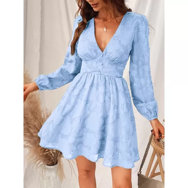 imageCUPSHE Womens Lace Mini Dress Long Sleeve Floral Print A Line Dress for Party Bodycon DressLight Blue