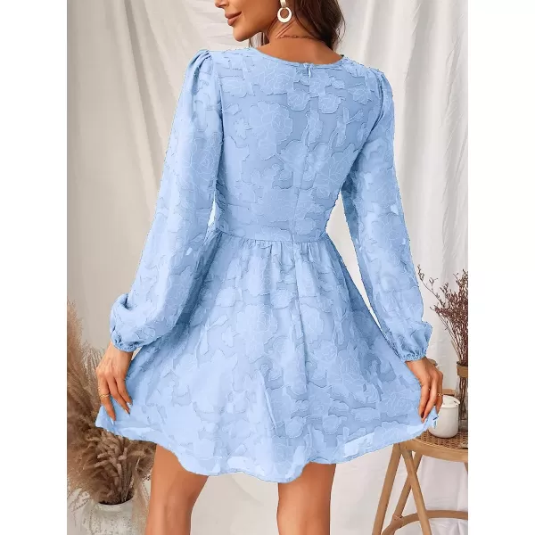 imageCUPSHE Womens Lace Mini Dress Long Sleeve Floral Print A Line Dress for Party Bodycon DressLight Blue