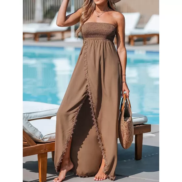 imageCUPSHE Womens Lace Smocked Maxi Tube Dress Summer Sleeveless DressKhaki
