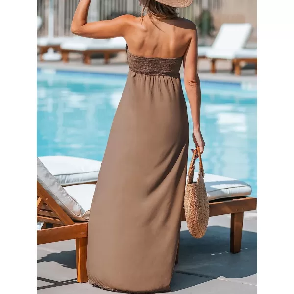 imageCUPSHE Womens Lace Smocked Maxi Tube Dress Summer Sleeveless DressKhaki