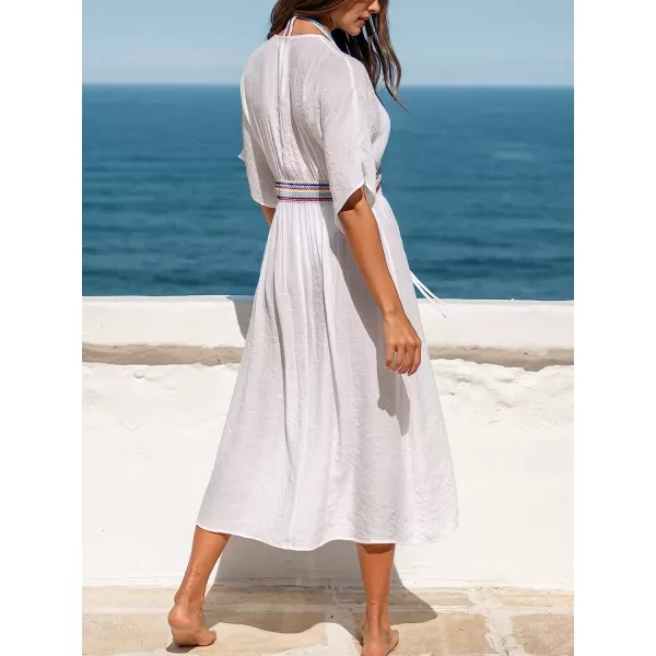 imageCUPSHE Womens Lace Tassel CoverUp Duster Kimono Dress SemiSheer Beachwear Dress with Long Bell SleevesWhite
