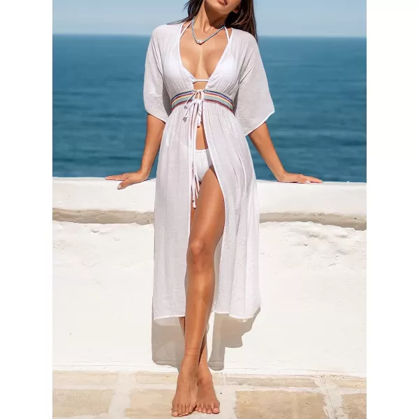 imageCUPSHE Womens Lace Tassel CoverUp Duster Kimono Dress SemiSheer Beachwear Dress with Long Bell SleevesWhite