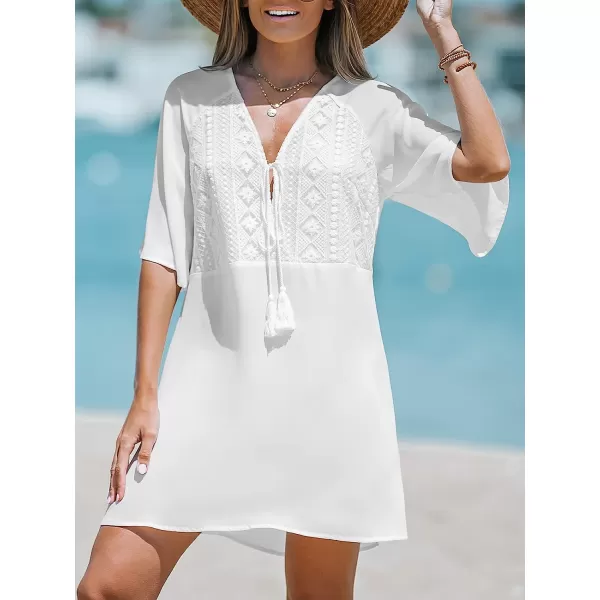 imageCUPSHE Womens Lace Tassel Tie CoverUp Dress VNeck Mini Dress with 34 Bell SleevesWhite