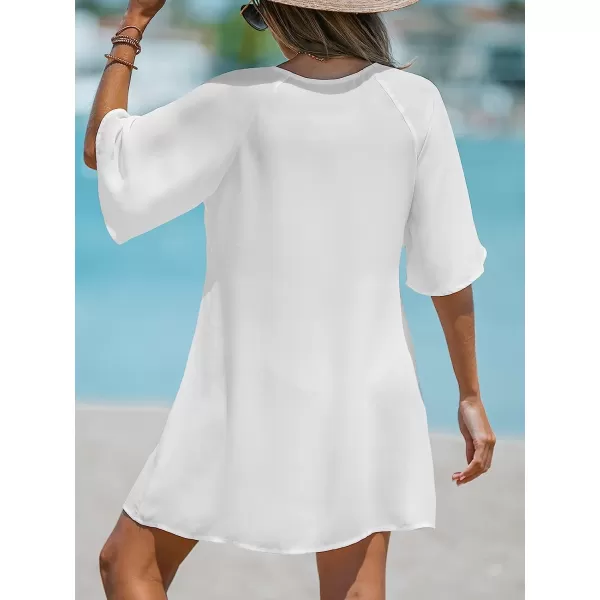imageCUPSHE Womens Lace Tassel Tie CoverUp Dress VNeck Mini Dress with 34 Bell SleevesWhite
