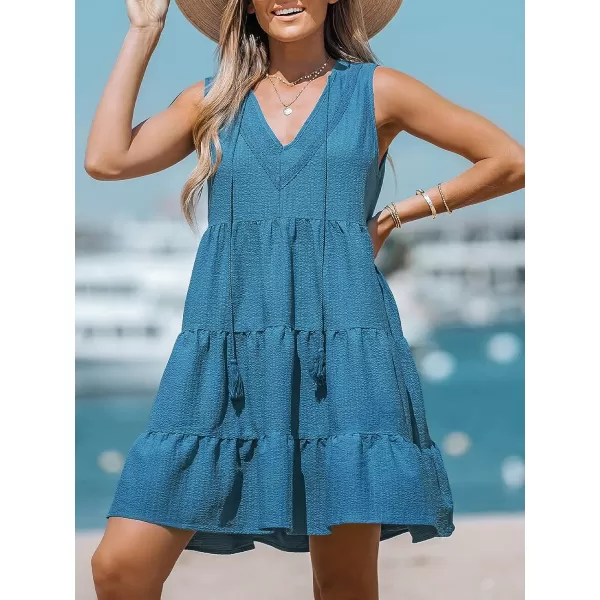 imageCUPSHE Womens Lace Tassel Tie Mini Dress Sleeveless V Neck Dresses Casual SummerBlue