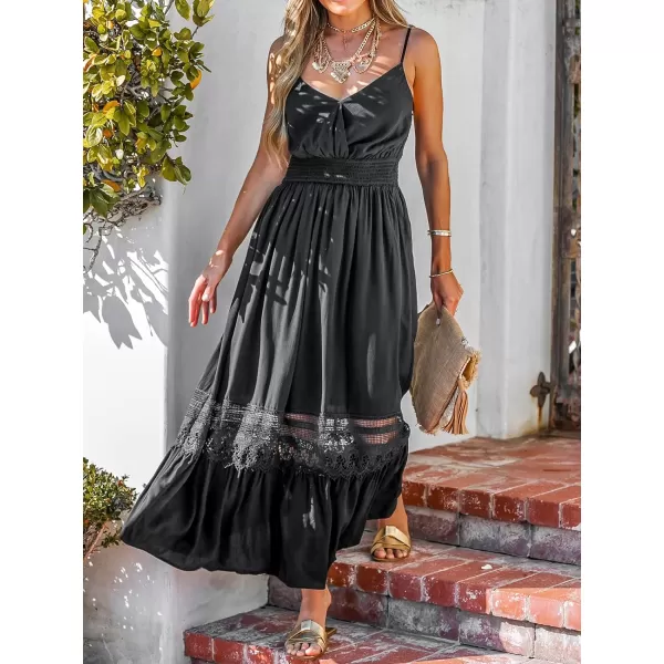 imageCUPSHE Womens Lace Trim Maxi Dress V Neck Summer Dress Sleeveless Spaghetti Strap Flowy A Line DressBlack