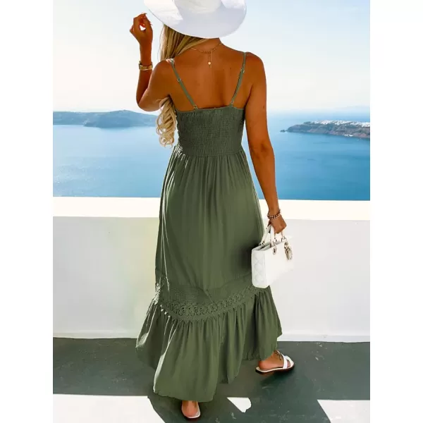 imageCUPSHE Womens Lace Trim Maxi Dress V Neck Summer Dress Sleeveless Spaghetti Strap Flowy A Line DressOlive Green
