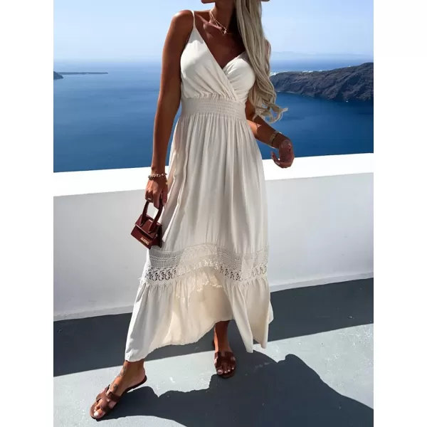 imageCUPSHE Womens Lace Trim Maxi Dress V Neck Summer Dress Sleeveless Spaghetti Strap Flowy A Line DressWhite