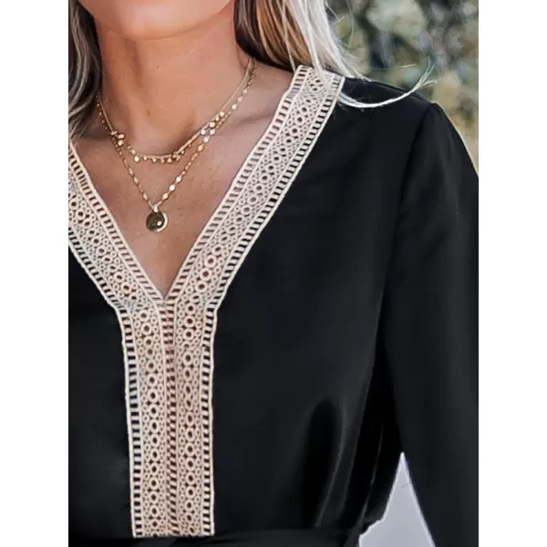 imageCUPSHE Womens Lace Trim Trumpet Sleeve Dress Belted Dresses VNeck Dressing CasualBlack