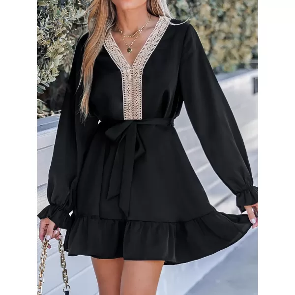 imageCUPSHE Womens Lace Trim Trumpet Sleeve Dress Belted Dresses VNeck Dressing CasualBlack