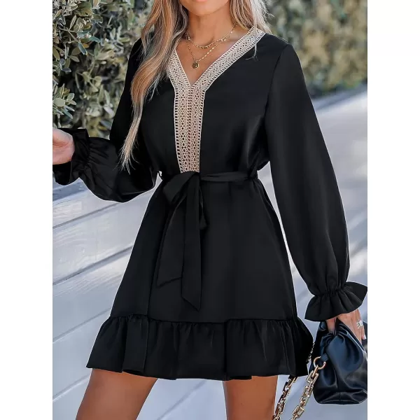 imageCUPSHE Womens Lace Trim Trumpet Sleeve Dress Belted Dresses VNeck Dressing CasualBlack