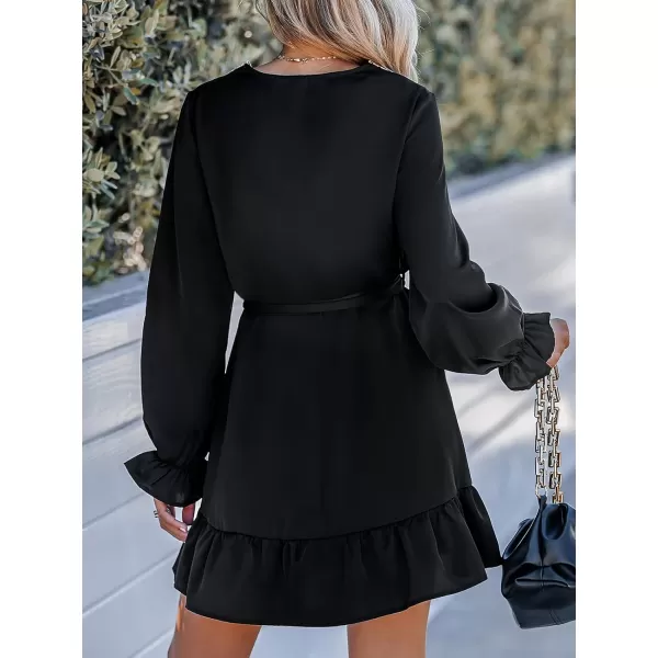 imageCUPSHE Womens Lace Trim Trumpet Sleeve Dress Belted Dresses VNeck Dressing CasualBlack