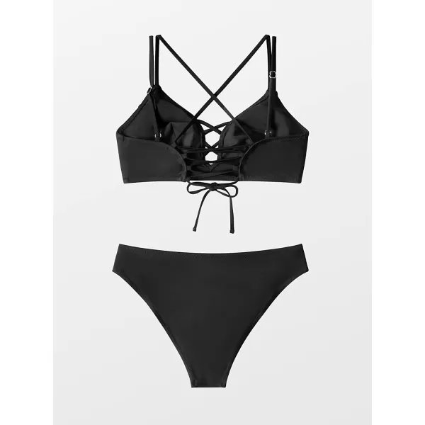 imageCUPSHE Womens Lace Up Bikini Set Beach Low Rise Swimwear Cutout Adjustable StrapsBlack