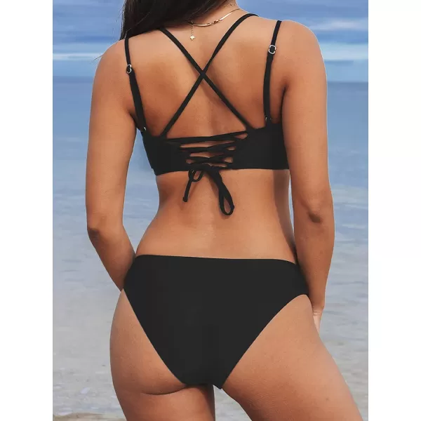 imageCUPSHE Womens Lace Up Bikini Set Beach Low Rise Swimwear Cutout Adjustable StrapsBlack