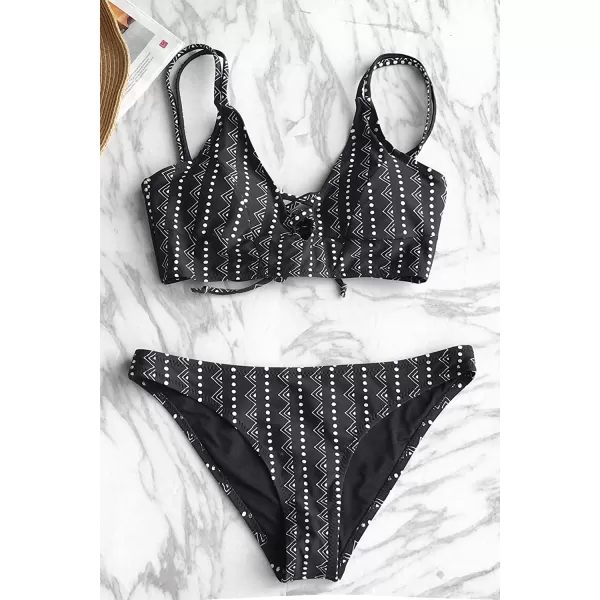 imageCUPSHE Womens Lace Up Bikini Set Beach Low Rise Swimwear Cutout Adjustable StrapsBlackWhite
