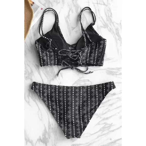 imageCUPSHE Womens Lace Up Bikini Set Beach Low Rise Swimwear Cutout Adjustable StrapsBlackWhite