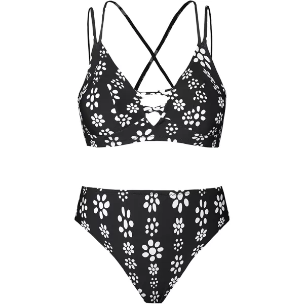 imageCUPSHE Womens Lace Up Bikini Set Beach Low Rise Swimwear Cutout Adjustable StrapsBlackWhite Floral