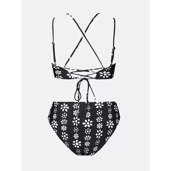 imageCUPSHE Womens Lace Up Bikini Set Beach Low Rise Swimwear Cutout Adjustable StrapsBlackWhite Floral