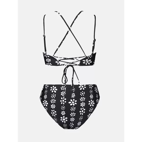 imageCUPSHE Womens Lace Up Bikini Set Beach Low Rise Swimwear Cutout Adjustable StrapsBlackWhite Floral