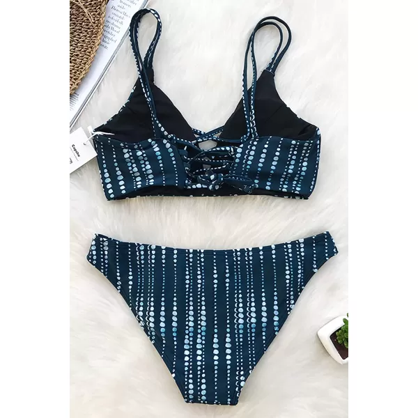 imageCUPSHE Womens Lace Up Bikini Set Beach Low Rise Swimwear Cutout Adjustable StrapsDark Blue