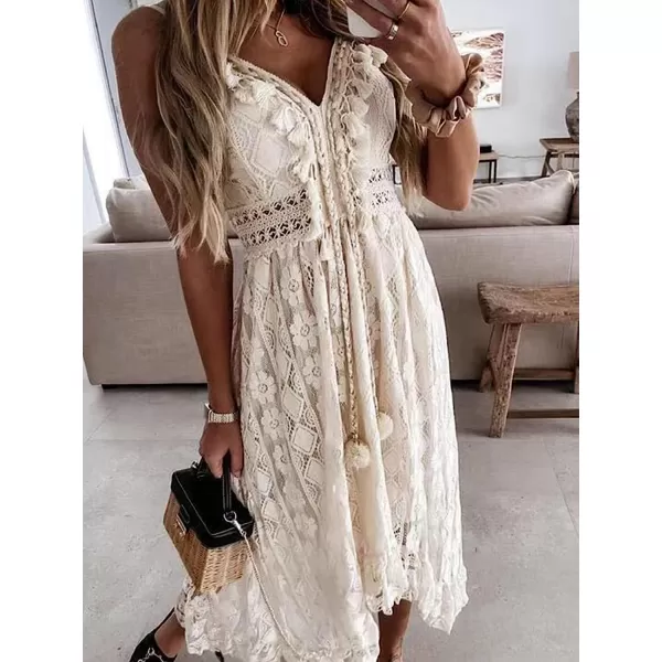 imageCUPSHE Womens Lace Up Dresses Boho Tassel VNeck Flare Ruffle BeachBeige