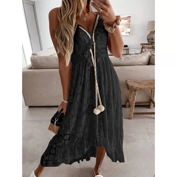 imageCUPSHE Womens Lace Up Dresses Boho Tassel VNeck Flare Ruffle BeachBlack