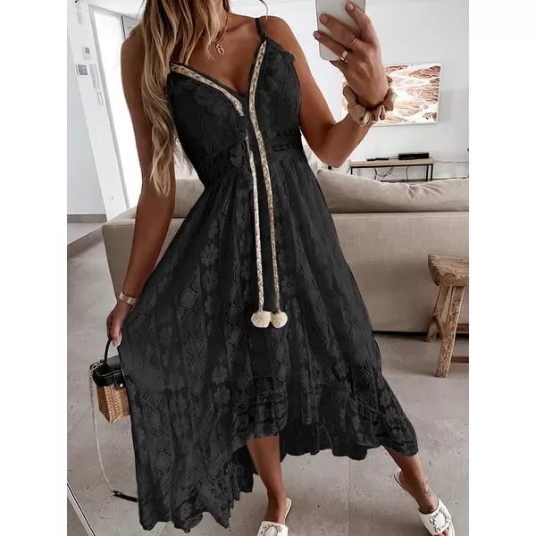 imageCUPSHE Womens Lace Up Dresses Boho Tassel VNeck Flare Ruffle BeachBlack