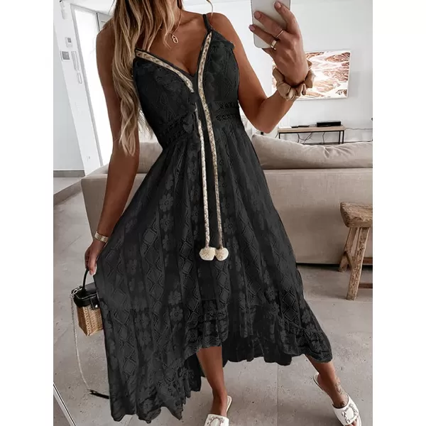 imageCUPSHE Womens Lace Up Dresses Boho Tassel VNeck Flare Ruffle BeachBlack