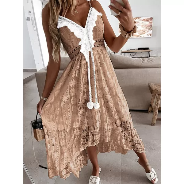 imageCUPSHE Womens Lace Up Dresses Boho Tassel VNeck Flare Ruffle BeachBrown