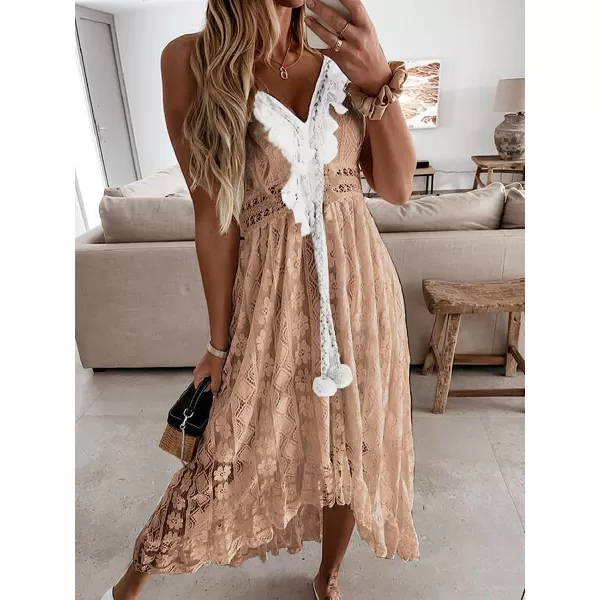 imageCUPSHE Womens Lace Up Dresses Boho Tassel VNeck Flare Ruffle BeachBrown