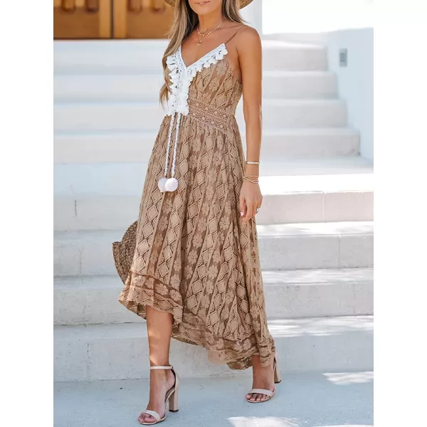 imageCUPSHE Womens Lace Up Dresses Boho Tassel VNeck Flare Ruffle BeachBrown