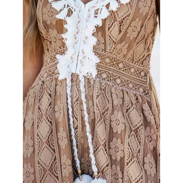 imageCUPSHE Womens Lace Up Dresses Boho Tassel VNeck Flare Ruffle BeachBrown