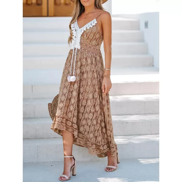 imageCUPSHE Womens Lace Up Dresses Boho Tassel VNeck Flare Ruffle BeachBrown