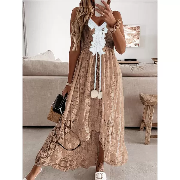 imageCUPSHE Womens Lace Up Dresses Boho Tassel VNeck Flare Ruffle BeachBrown