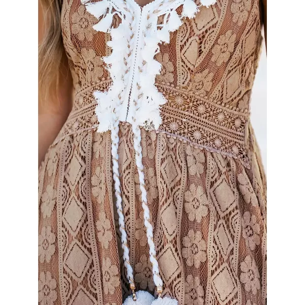 imageCUPSHE Womens Lace Up Dresses Boho Tassel VNeck Flare Ruffle BeachBrown