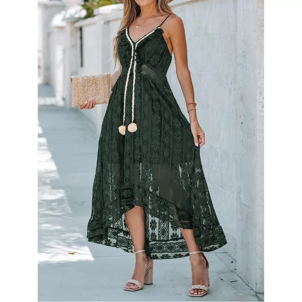 imageCUPSHE Womens Lace Up Dresses Boho Tassel VNeck Flare Ruffle BeachDark Green