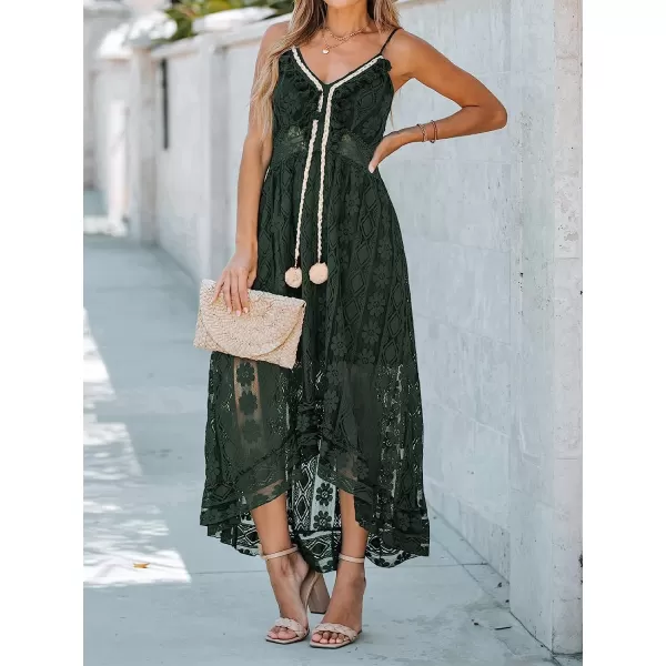 imageCUPSHE Womens Lace Up Dresses Boho Tassel VNeck Flare Ruffle BeachDark Green