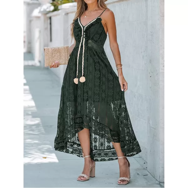 imageCUPSHE Womens Lace Up Dresses Boho Tassel VNeck Flare Ruffle BeachDark Green