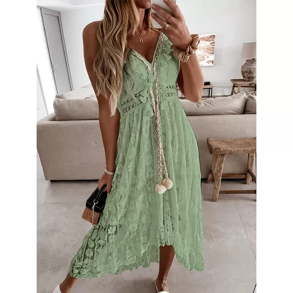 imageCUPSHE Womens Lace Up Dresses Boho Tassel VNeck Flare Ruffle BeachGreen
