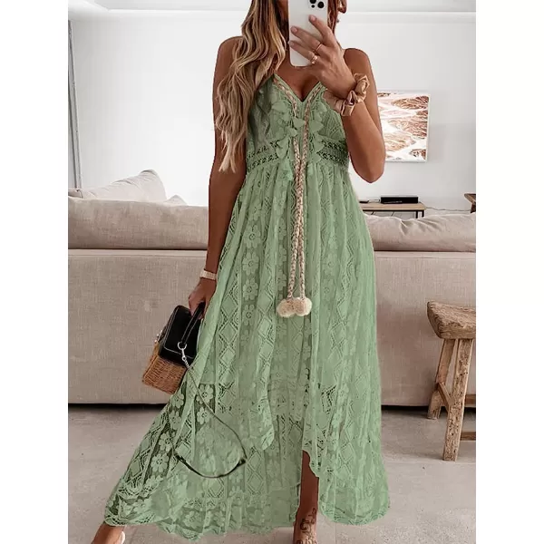 imageCUPSHE Womens Lace Up Dresses Boho Tassel VNeck Flare Ruffle BeachGreen