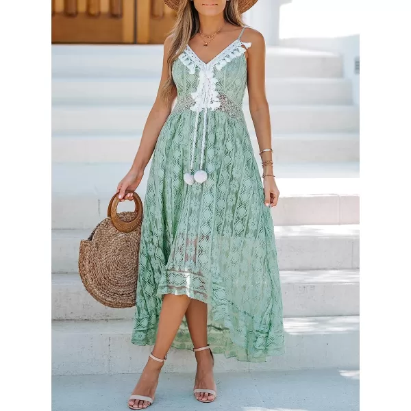 imageCUPSHE Womens Lace Up Dresses Boho Tassel VNeck Flare Ruffle BeachMint Green