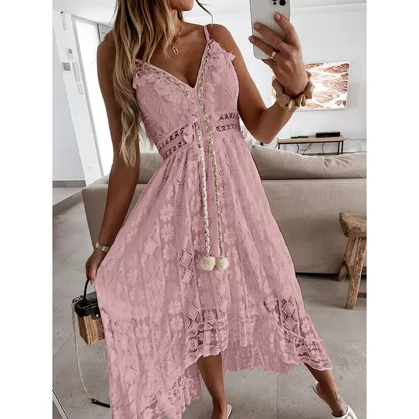 imageCUPSHE Womens Lace Up Dresses Boho Tassel VNeck Flare Ruffle BeachPink