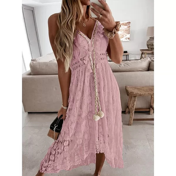 imageCUPSHE Womens Lace Up Dresses Boho Tassel VNeck Flare Ruffle BeachPink
